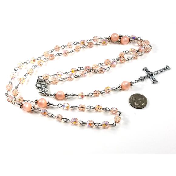 Handmade Pink Five Decade Rosary, Stainless Steel Wire, Vintage Moonglow Beads - Picture 8 of 10